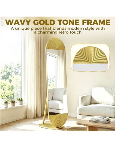 HOMCOM 50 x 161 cm Wavy Full Length Mirror, Free Standing Mirror with Metal Frame and Solid Base, Gold Tone