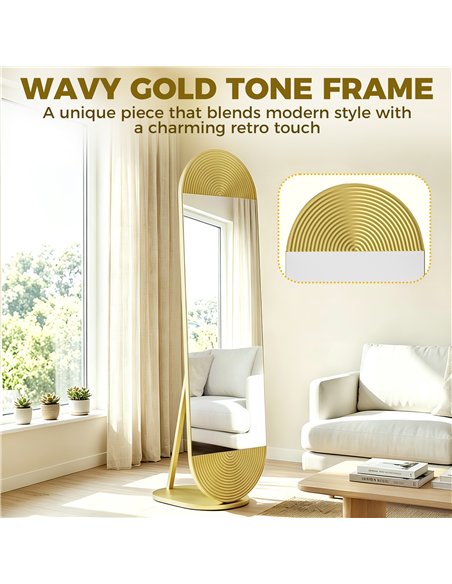 HOMCOM 50 x 161 cm Wavy Full Length Mirror, Free Standing Mirror with Metal Frame and Solid Base, Gold Tone - pic 198047 | FastDaddyshop