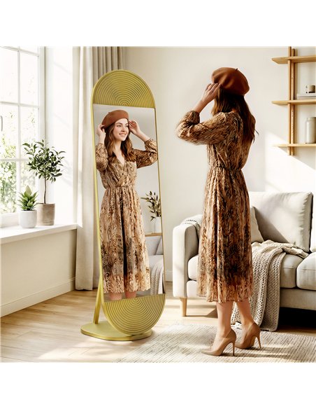 HOMCOM 50 x 161 cm Wavy Full Length Mirror, Free Standing Mirror with Metal Frame and Solid Base, Gold Tone - pic 198050 | FastDaddyshop