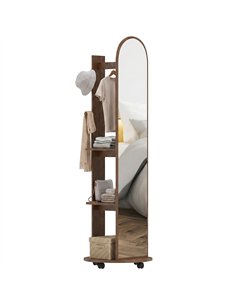 HOMCOM 2-in-1 Full Length Mirror with Storage Shelves, Floor Mirror with 4 Wheels, Coat Rack, Hooks, Brown Wood Effect