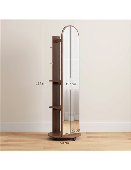 HOMCOM 2-in-1 Full Length Mirror with Storage Shelves, Floor Mirror with 4 Wheels, Coat Rack, Hooks, Brown Wood Effect - pic 198054 | FastDaddyshop