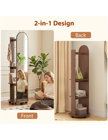 HOMCOM 2-in-1 Full Length Mirror with Storage Shelves, Floor Mirror with 4 Wheels, Coat Rack, Hooks, Brown Wood Effect