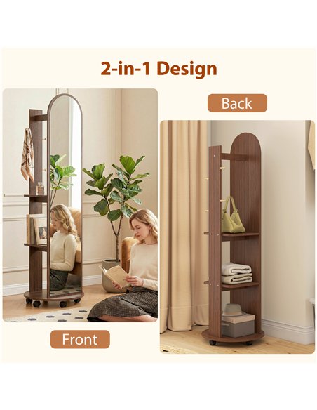 HOMCOM 2-in-1 Full Length Mirror with Storage Shelves, Floor Mirror with 4 Wheels, Coat Rack, Hooks, Brown Wood Effect - pic 198055 | FastDaddyshop