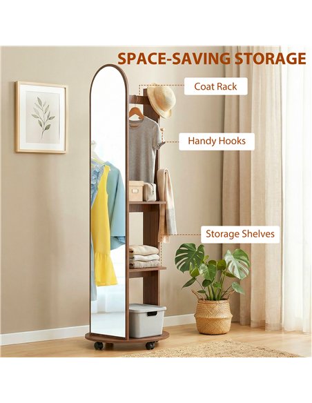 HOMCOM 2-in-1 Full Length Mirror with Storage Shelves, Floor Mirror with 4 Wheels, Coat Rack, Hooks, Brown Wood Effect - pic 198056 | FastDaddyshop