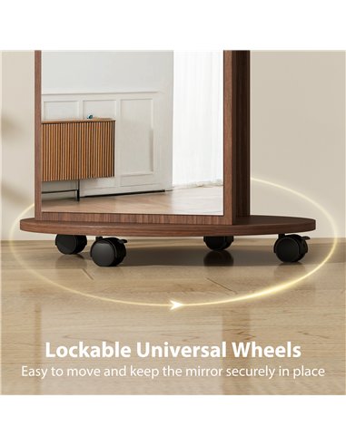HOMCOM 2-in-1 Full Length Mirror with Storage Shelves, Floor Mirror with 4 Wheels, Coat Rack, Hooks, Brown Wood Effect