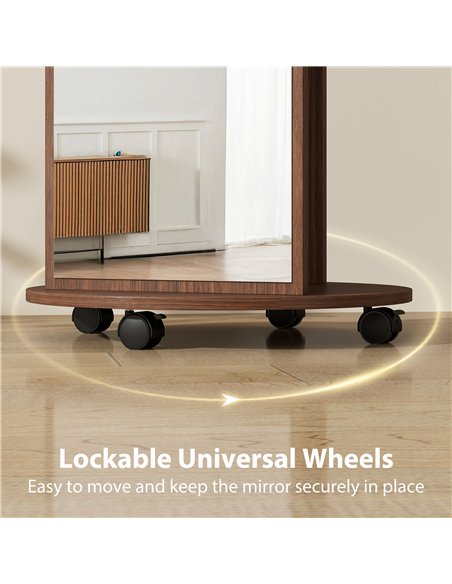 HOMCOM 2-in-1 Full Length Mirror with Storage Shelves, Floor Mirror with 4 Wheels, Coat Rack, Hooks, Brown Wood Effect - pic 198057 | FastDaddyshop