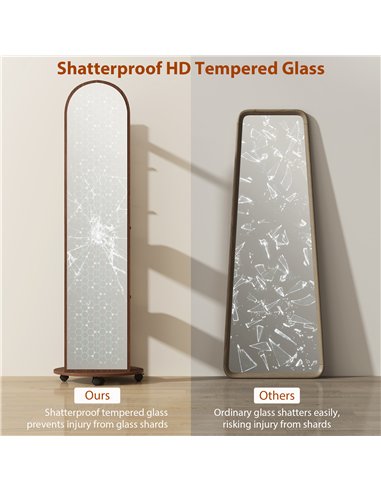 HOMCOM 2-in-1 Full Length Mirror with Storage Shelves, Floor Mirror with 4 Wheels, Coat Rack, Hooks, Brown Wood Effect