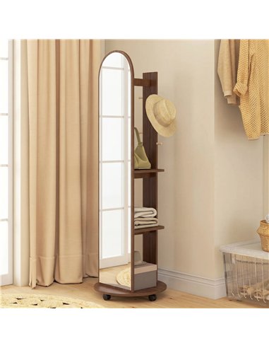 HOMCOM 2-in-1 Full Length Mirror with Storage Shelves, Floor Mirror with 4 Wheels, Coat Rack, Hooks, Brown Wood Effect