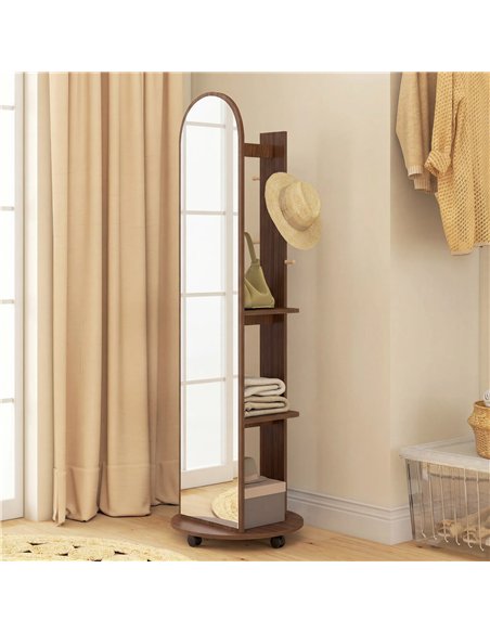 HOMCOM 2-in-1 Full Length Mirror with Storage Shelves, Floor Mirror with 4 Wheels, Coat Rack, Hooks, Brown Wood Effect - pic 198059 | FastDaddyshop