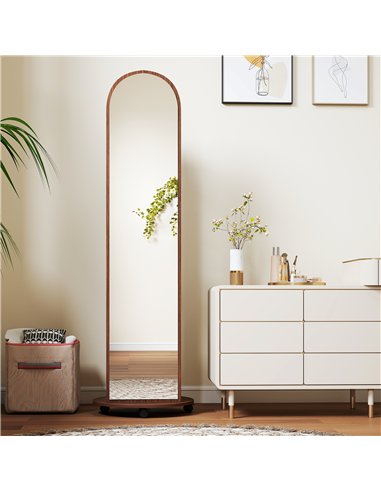 HOMCOM 2-in-1 Full Length Mirror with Storage Shelves, Floor Mirror with 4 Wheels, Coat Rack, Hooks, Brown Wood Effect