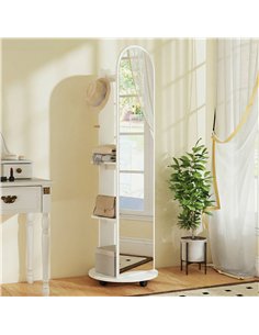HOMCOM 2-in-1 Full Length Mirror with Storage Shelves, Floor Mirror with 4 Wheels, Coat Rack, Hooks, White 2