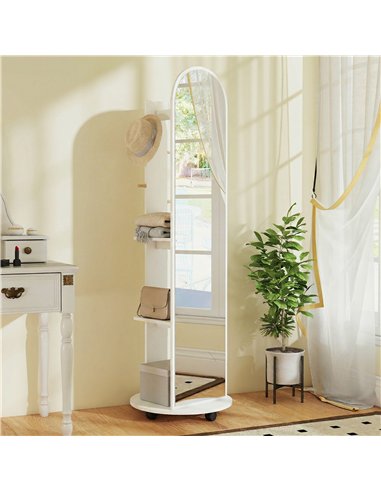 HOMCOM 2-in-1 Full Length Mirror with Storage Shelves, Floor Mirror with 4 Wheels, Coat Rack, Hooks, White