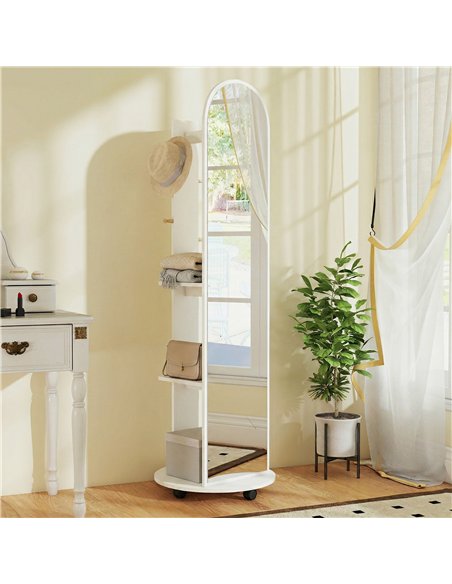 HOMCOM 2-in-1 Full Length Mirror with Storage Shelves, Floor Mirror with 4 Wheels, Coat Rack, Hooks, White - pic 198062 | FastDaddyshop