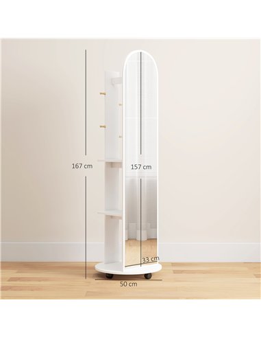 HOMCOM 2-in-1 Full Length Mirror with Storage Shelves, Floor Mirror with 4 Wheels, Coat Rack, Hooks, White