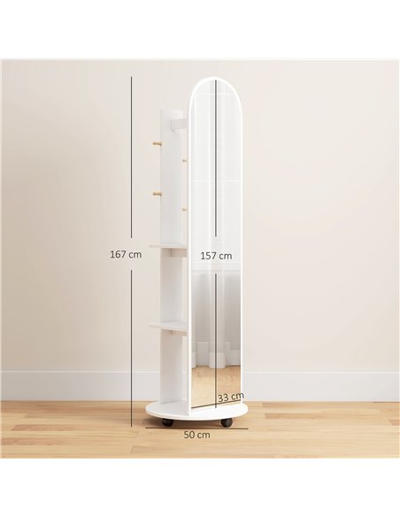 HOMCOM 2-in-1 Full Length Mirror with Storage Shelves, Floor Mirror with 4 Wheels, Coat Rack, Hooks, White - pic 198063 | FastDaddyshop