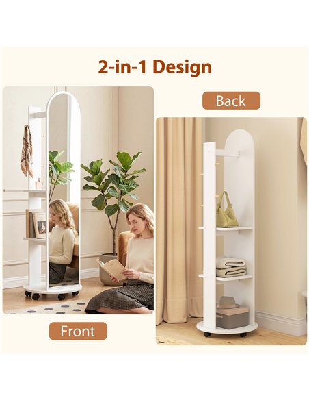 HOMCOM 2-in-1 Full Length Mirror with Storage Shelves, Floor Mirror with 4 Wheels, Coat Rack, Hooks, White - pic 198064 | FastDaddyshop