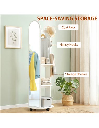 HOMCOM 2-in-1 Full Length Mirror with Storage Shelves, Floor Mirror with 4 Wheels, Coat Rack, Hooks, White