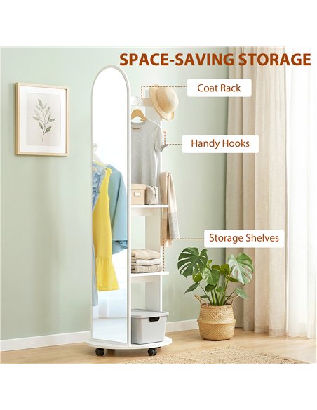 HOMCOM 2-in-1 Full Length Mirror with Storage Shelves, Floor Mirror with 4 Wheels, Coat Rack, Hooks, White - pic 198065 | FastDaddyshop
