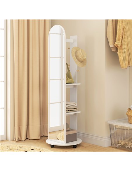 HOMCOM 2-in-1 Full Length Mirror with Storage Shelves, Floor Mirror with 4 Wheels, Coat Rack, Hooks, White - pic 198068 | FastDaddyshop
