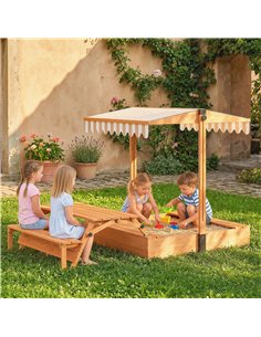 AIYAPLAY Kids Sand Pit with Lid, Wooden Sandpit with Canopy, Foldable Picnic Table, Bench Seats, Bottom Liner for Patio Garden 2