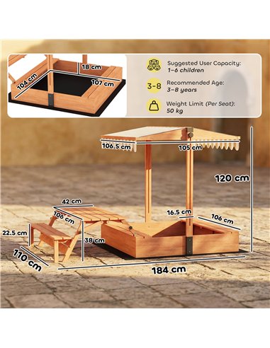 AIYAPLAY Kids Sand Pit with Lid, Wooden Sandpit with Canopy, Foldable Picnic Table, Bench Seats, Bottom Liner for Patio Garden