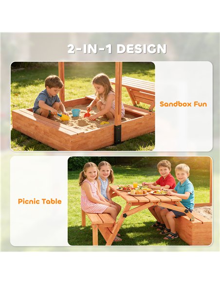AIYAPLAY Kids Sand Pit with Lid, Wooden Sandpit with Canopy, Foldable Picnic Table, Bench Seats, Bottom Liner for Patio Garden - pic 198082 | FastDaddyshop