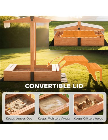 AIYAPLAY Kids Sand Pit with Lid, Wooden Sandpit with Canopy, Foldable Picnic Table, Bench Seats, Bottom Liner for Patio Garden