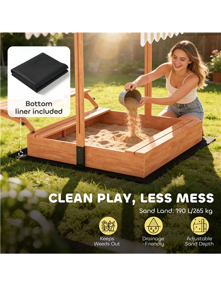 AIYAPLAY Kids Sand Pit with Lid, Wooden Sandpit with Canopy, Foldable Picnic Table, Bench Seats, Bottom Liner for Patio Garden - pic 198085 | FastDaddyshop