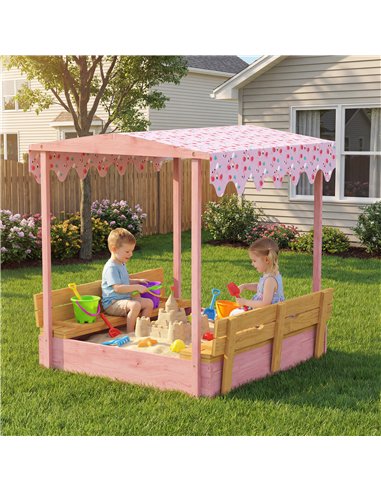 AIYAPLAY Wooden Sandbox with Lid, Flamingos Print Canopy, Kids Outdoor Sand Pit with Foldable Bench Seats, Bottom Liner, Pink