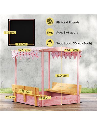 AIYAPLAY Wooden Sandbox with Lid, Flamingos Print Canopy, Kids Outdoor Sand Pit with Foldable Bench Seats, Bottom Liner, Pink