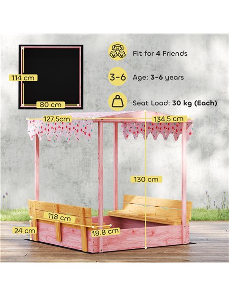 AIYAPLAY Wooden Sandbox with Lid, Flamingos Print Canopy, Kids Outdoor Sand Pit with Foldable Bench Seats, Bottom Liner, Pink - pic 198090 | FastDaddyshop