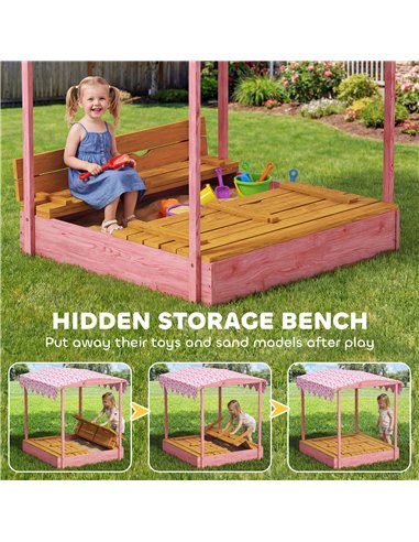 AIYAPLAY Wooden Sandbox with Lid, Flamingos Print Canopy, Kids Outdoor Sand Pit with Foldable Bench Seats, Bottom Liner, Pink