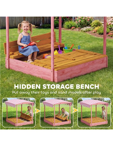 AIYAPLAY Wooden Sandbox with Lid, Flamingos Print Canopy, Kids Outdoor Sand Pit with Foldable Bench Seats, Bottom Liner, Pink - pic 198091 | FastDaddyshop
