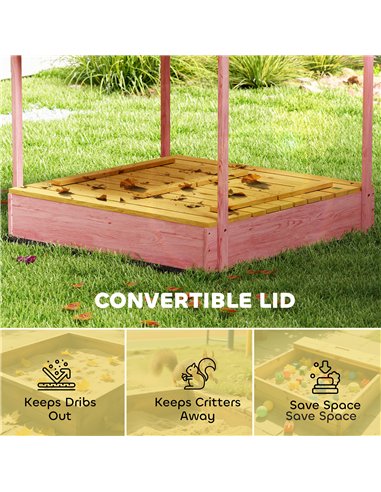 AIYAPLAY Wooden Sandbox with Lid, Flamingos Print Canopy, Kids Outdoor Sand Pit with Foldable Bench Seats, Bottom Liner, Pink