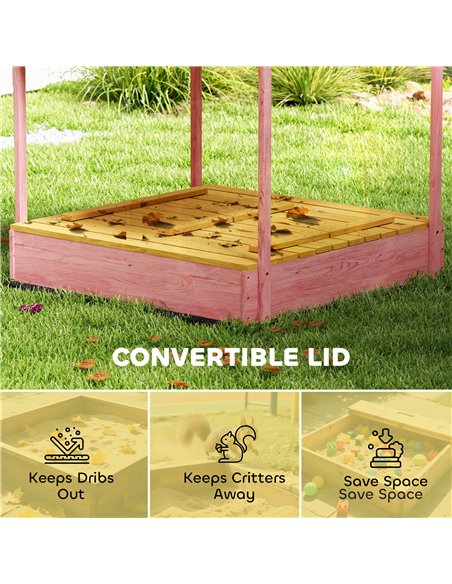 AIYAPLAY Wooden Sandbox with Lid, Flamingos Print Canopy, Kids Outdoor Sand Pit with Foldable Bench Seats, Bottom Liner, Pink - pic 198092 | FastDaddyshop