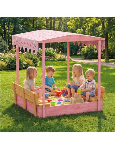 AIYAPLAY Wooden Sandbox with Lid, Flamingos Print Canopy, Kids Outdoor Sand Pit with Foldable Bench Seats, Bottom Liner, Pink