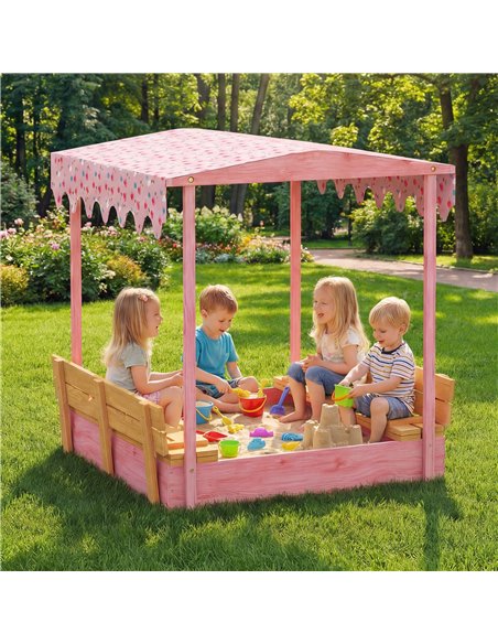 AIYAPLAY Wooden Sandbox with Lid, Flamingos Print Canopy, Kids Outdoor Sand Pit with Foldable Bench Seats, Bottom Liner, Pink - pic 198095 | FastDaddyshop
