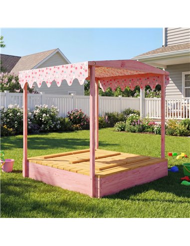AIYAPLAY Wooden Sandbox with Lid, Flamingos Print Canopy, Kids Outdoor Sand Pit with Foldable Bench Seats, Bottom Liner, Pink
