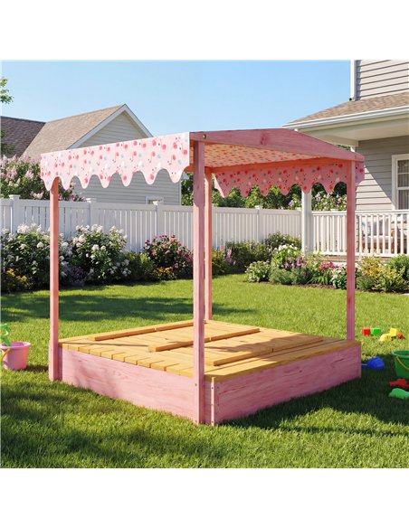 AIYAPLAY Wooden Sandbox with Lid, Flamingos Print Canopy, Kids Outdoor Sand Pit with Foldable Bench Seats, Bottom Liner, Pink - pic 198096 | FastDaddyshop