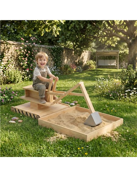 AIYAPLAY Wooden Sand Pit with Digger, Kids Sandbox Outdoor, SandPit with 360 Swivel Seat and Bottom Liner - pic 198098 | FastDaddyshop