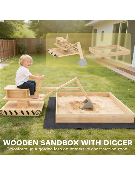 AIYAPLAY Wooden Sand Pit with Digger, Kids Sandbox Outdoor, SandPit with 360 Swivel Seat and Bottom Liner - pic 198100 | FastDaddyshop