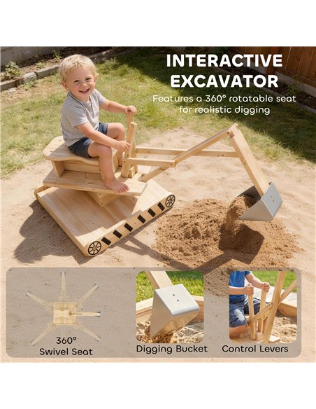AIYAPLAY Wooden Sand Pit with Digger, Kids Sandbox Outdoor, SandPit with 360 Swivel Seat and Bottom Liner - pic 198101 | FastDaddyshop