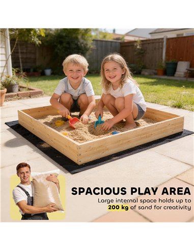 AIYAPLAY Wooden Sand Pit with Digger, Kids Sandbox Outdoor, SandPit with 360 Swivel Seat and Bottom Liner