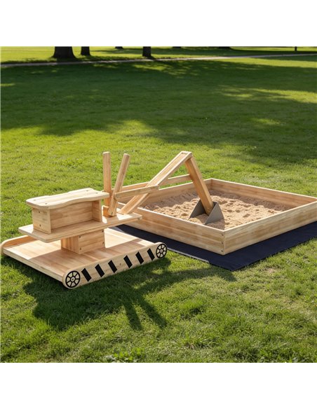 AIYAPLAY Wooden Sand Pit with Digger, Kids Sandbox Outdoor, SandPit with 360 Swivel Seat and Bottom Liner - pic 198105 | FastDaddyshop