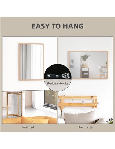 HOMCOM Wall Bathroom Mirror, 70 x 50 cm Wall-Mounted Mirror for Living Room, Bedroom, Hallway, Natural Wood