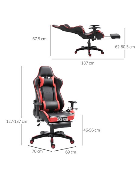 HOMCOM Faux Leather Home Office Computer Gaming Chair with Footrest, Wheels, Black-Red - pic 19818 | FastDaddyshop