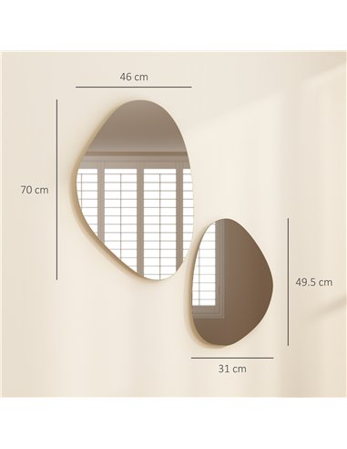 HOMCOM Set of 2 Pebble-Shaped Wall Mirror - Gold Tone