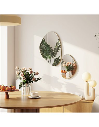 HOMCOM Set of 2 Pebble-Shaped Wall Mirror - Gold Tone