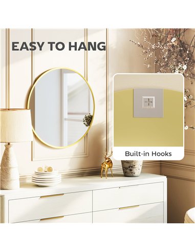 HOMCOM 61cm Decorative Wall Mirror for Bedroom Living Room, Modern Round Bathroom Mirror for Home Decor, Gold Tone