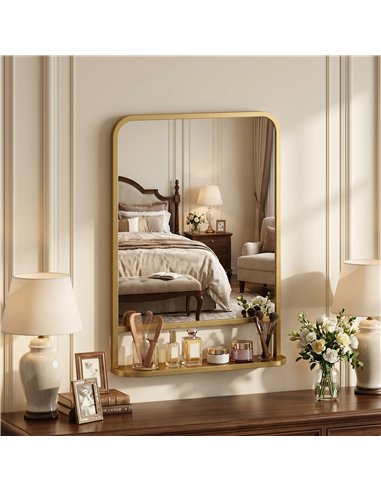 HOMCOM Modern Rectangular Wall Mirror with Storage Shelf, 70 x 50 cm, Gold Tone